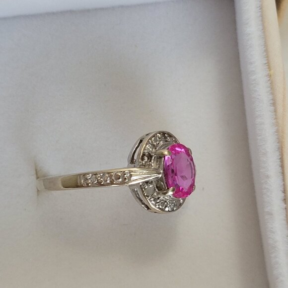 Pink Sapphire Diamond 10k White Gold Ring October Birthstone Size 7 Womens - Picture 4 of 11